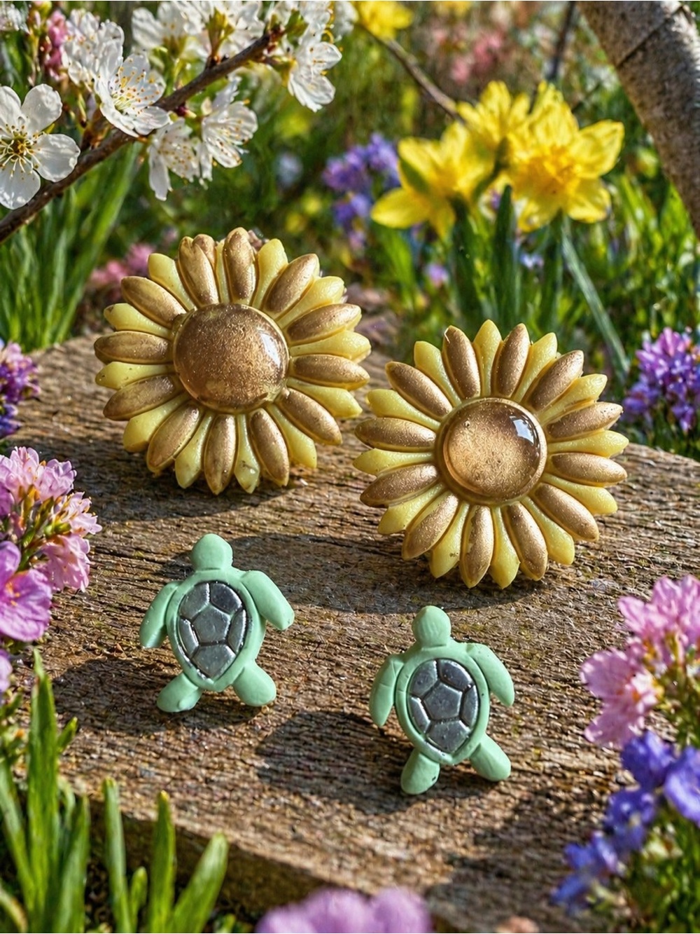 Sunflower and Turtle Handmade Polymer Clay Earrings Set - Yellow & Mint
